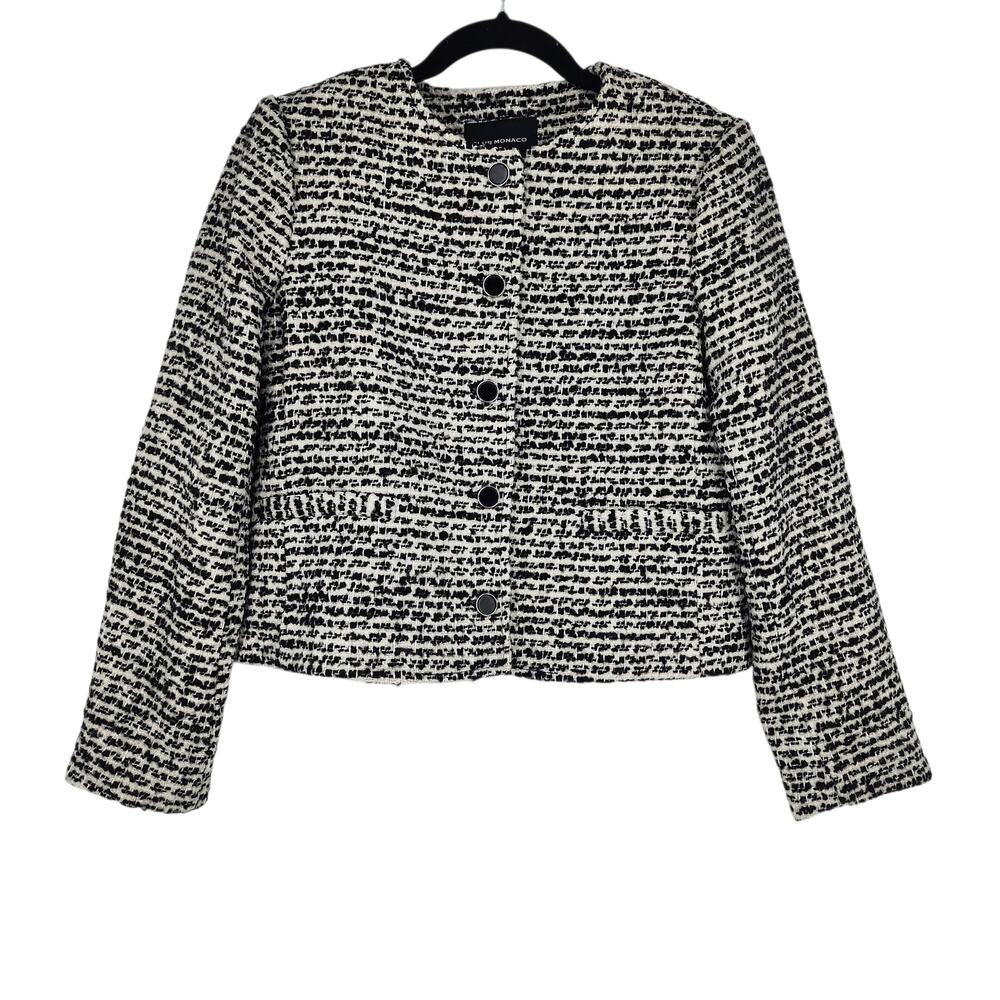 NWT Club Monaco Boucle Cropped Collarless Black White Button Front Jacket Size 4